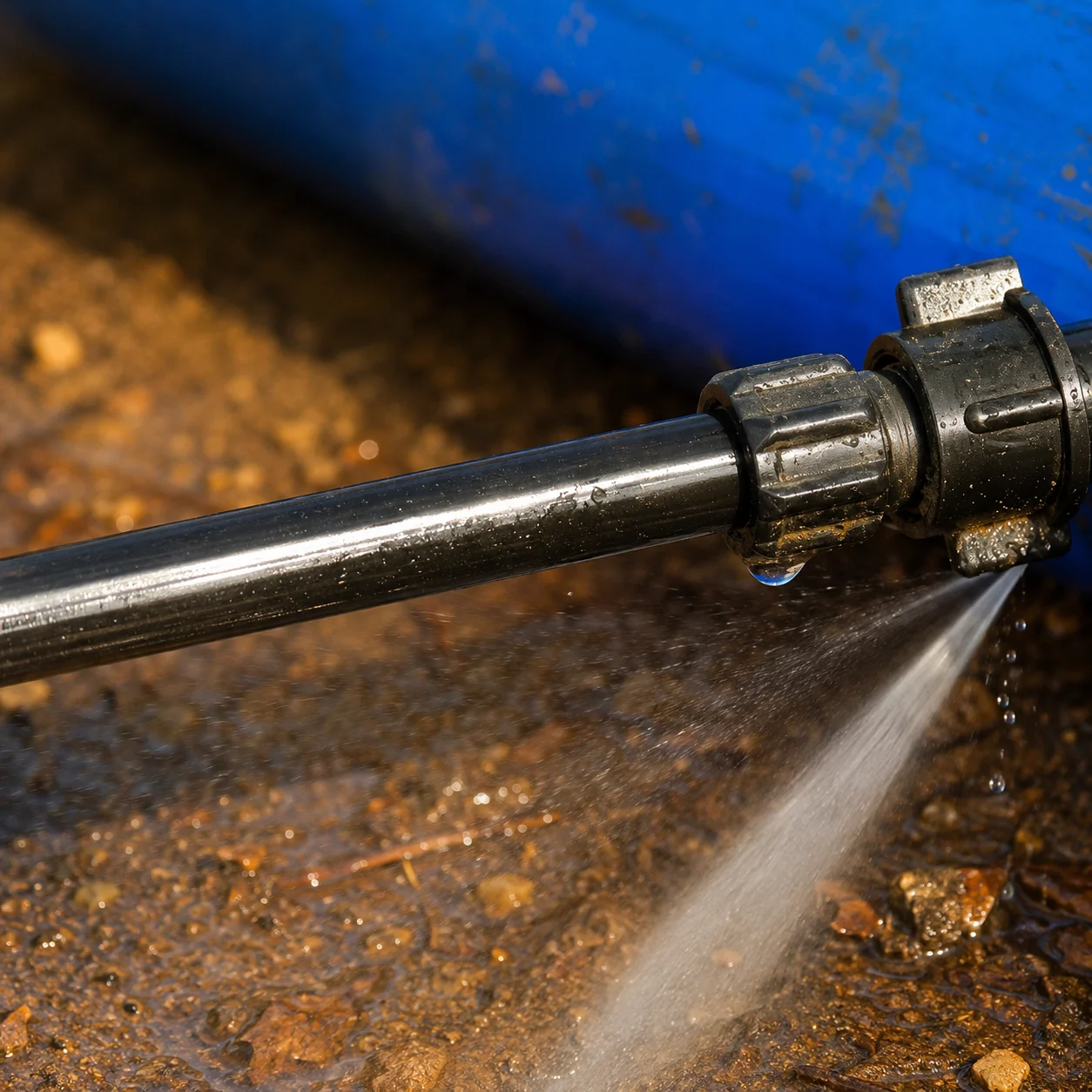 High pressure jet working on a line beside a buried pipe