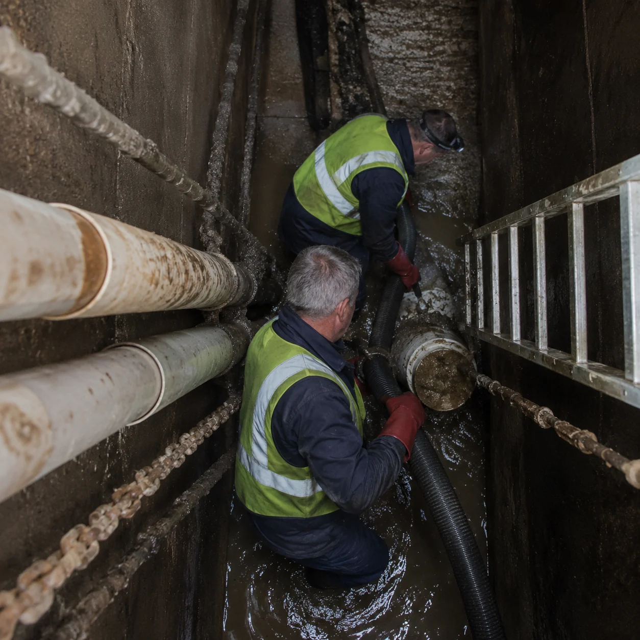 Two workers with suction hoses inside a flooded underground chamber