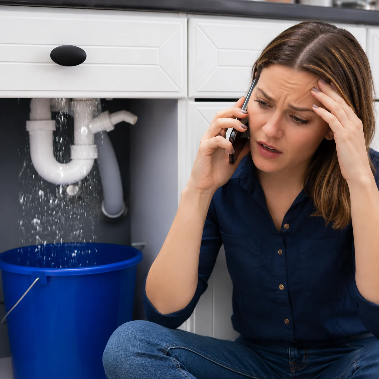 Resident calling an emergency plumber while a pipe leaks under the sink