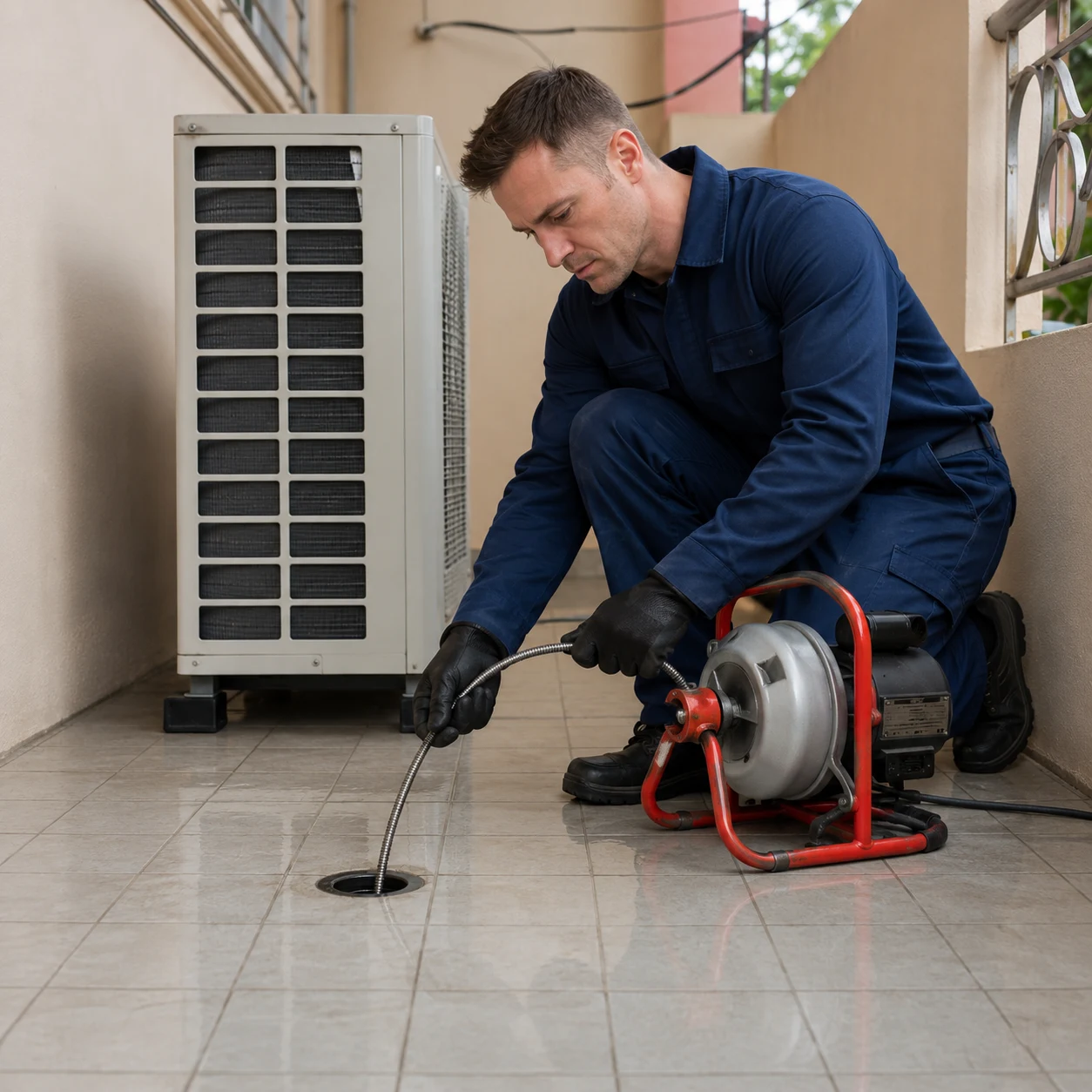 Technician clearing an external drain at ground level