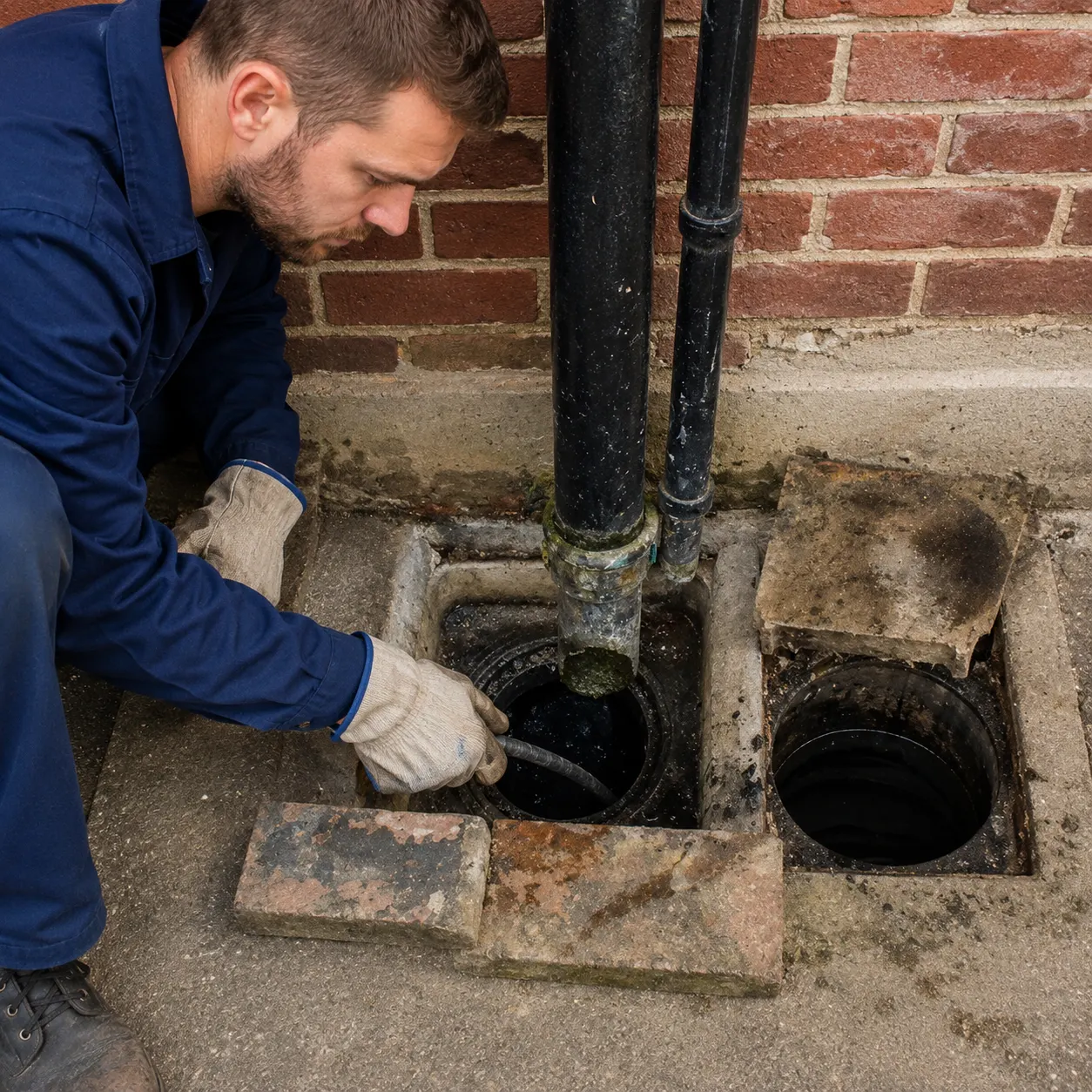 Plumber clearing an external drainage chamber