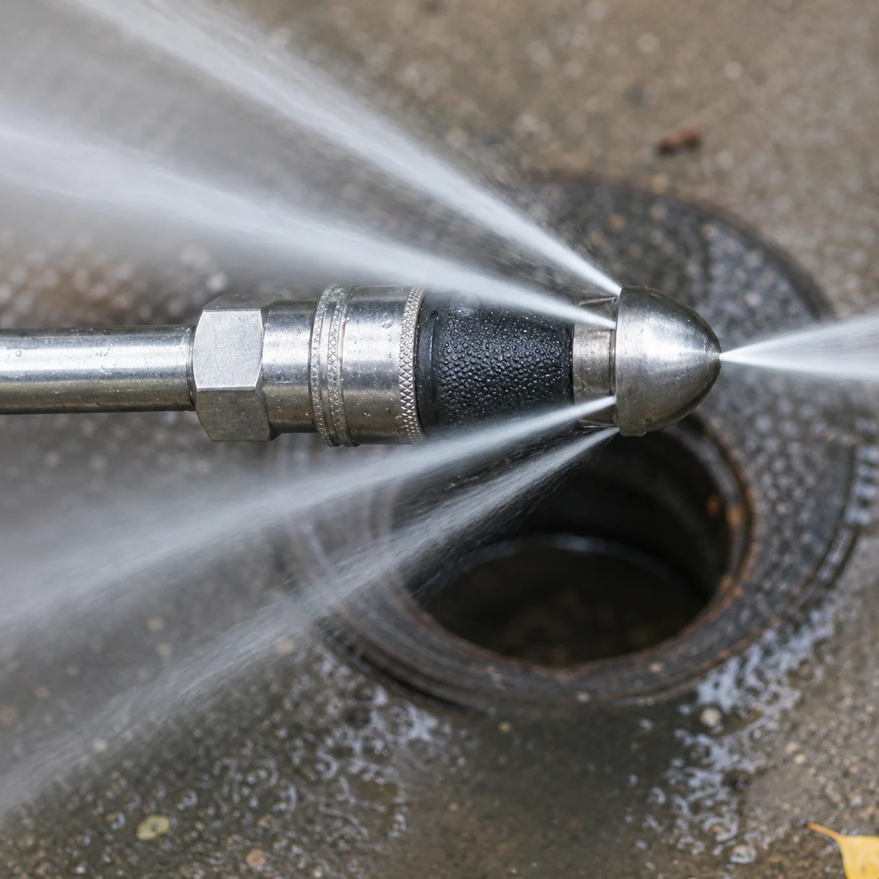 High pressure jetting nozzle spraying into an open drain