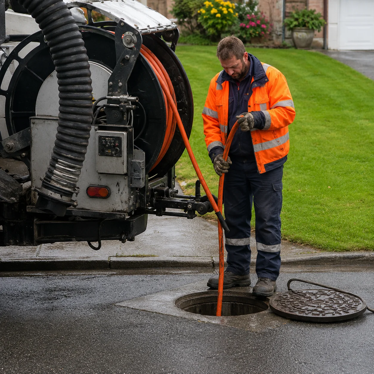 Technician feeding a jetting hose from a truck reel into a manhole