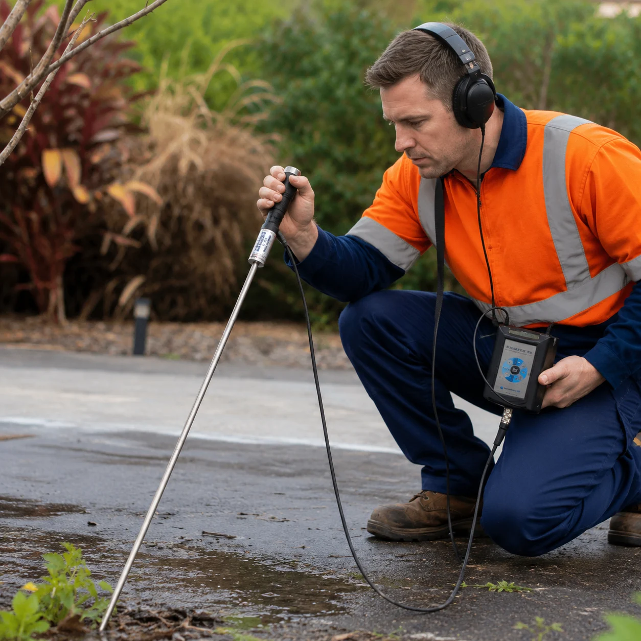 Technician using acoustic leak detection equipment outside a property