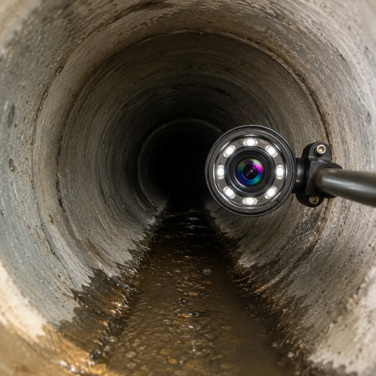 Drain inspection camera looking along the inside of a concrete pipe