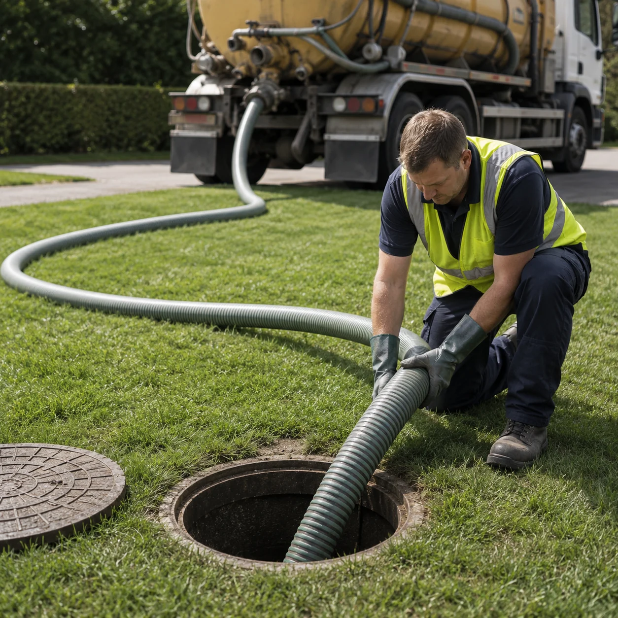 Technician feeding a tanker suction hose into an open septic tank cover