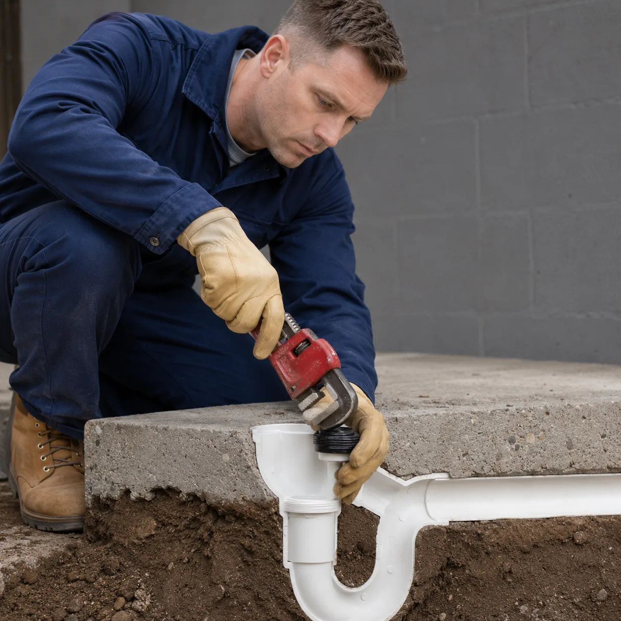 Plumber tightening a threaded pipe joint with a wrench