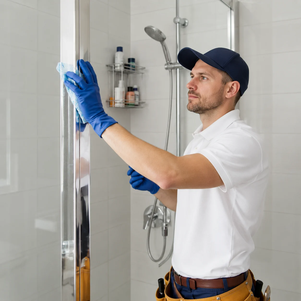 Technician wiping down a shower screen