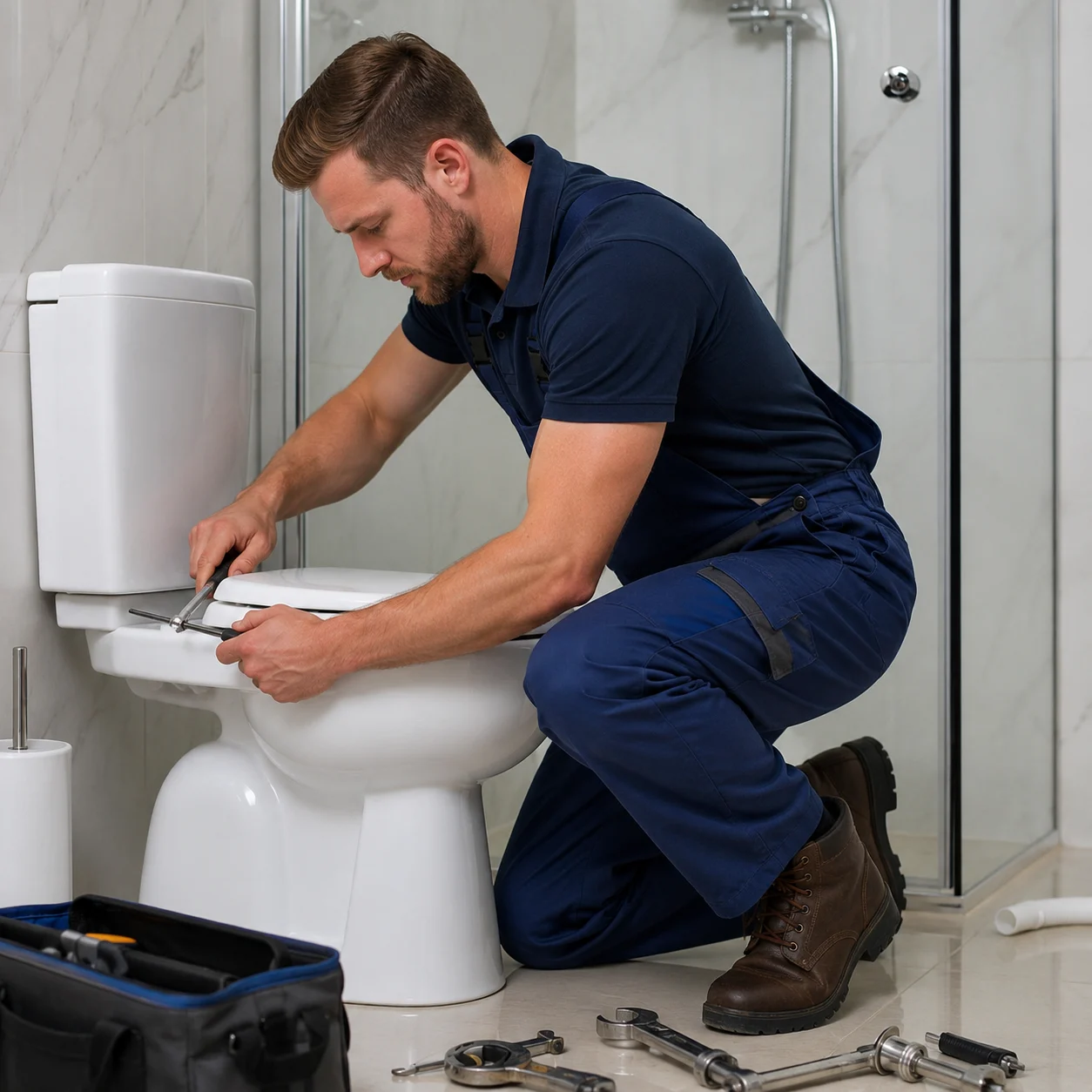 Plumber fitting a toilet cistern in a bathroom