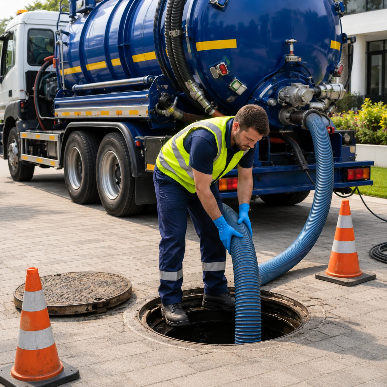 Worker guiding a vacuum tanker hose into an open chamber beside a building