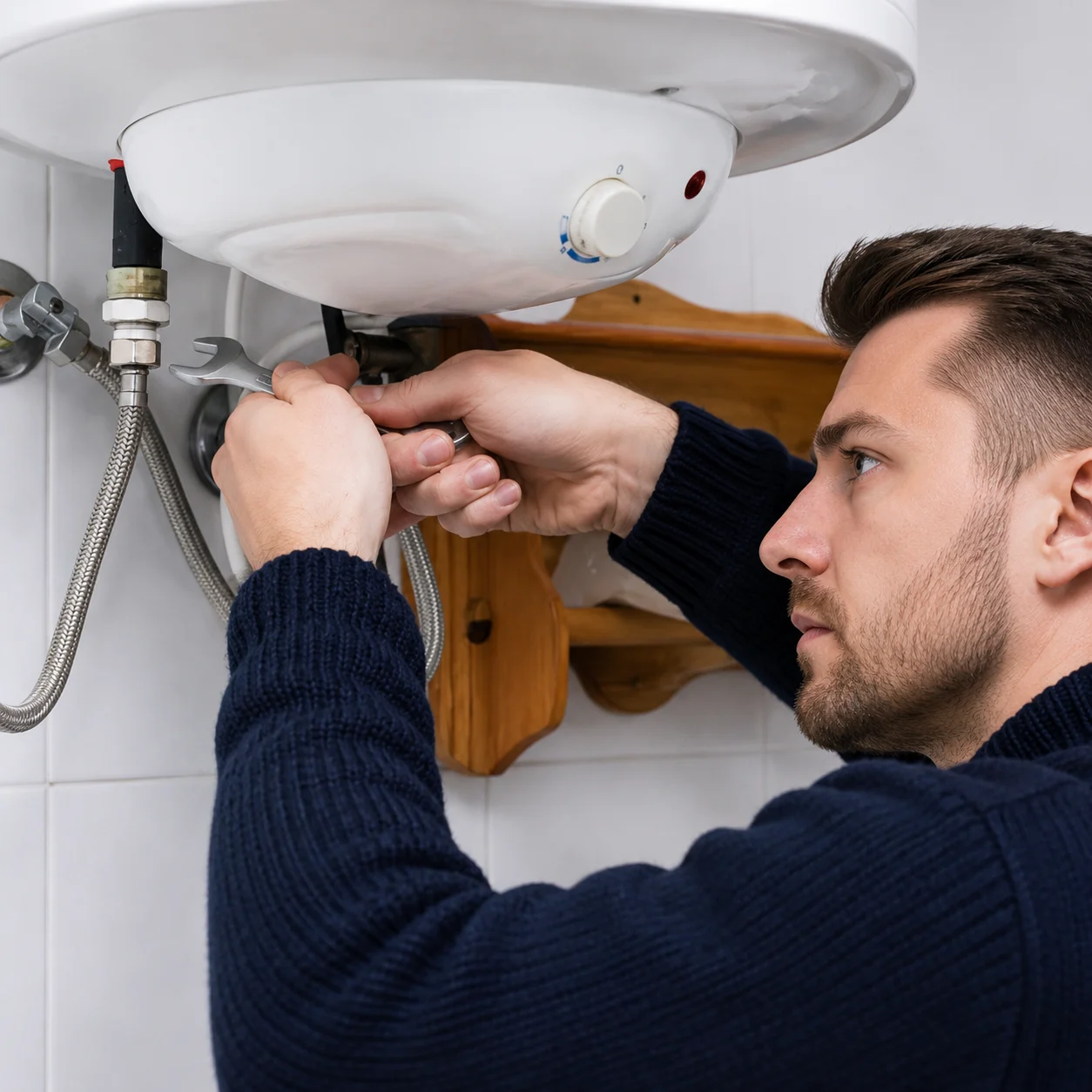 Engineer servicing an electric water heater in a bathroom