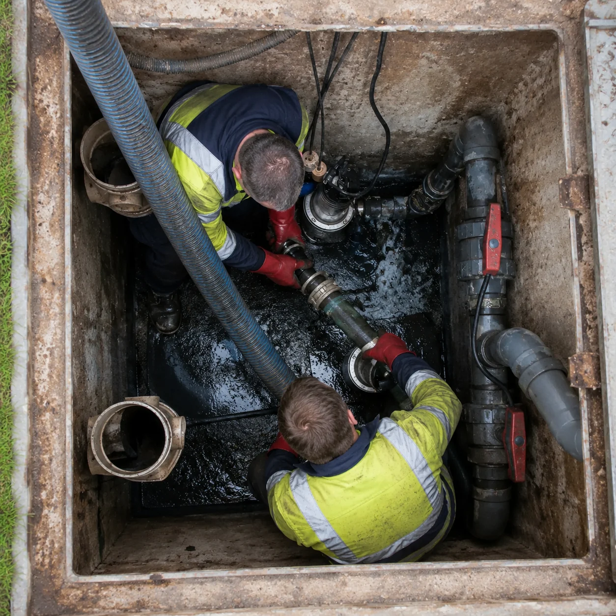 Technician working on a submersible pump inside a below ground chamber